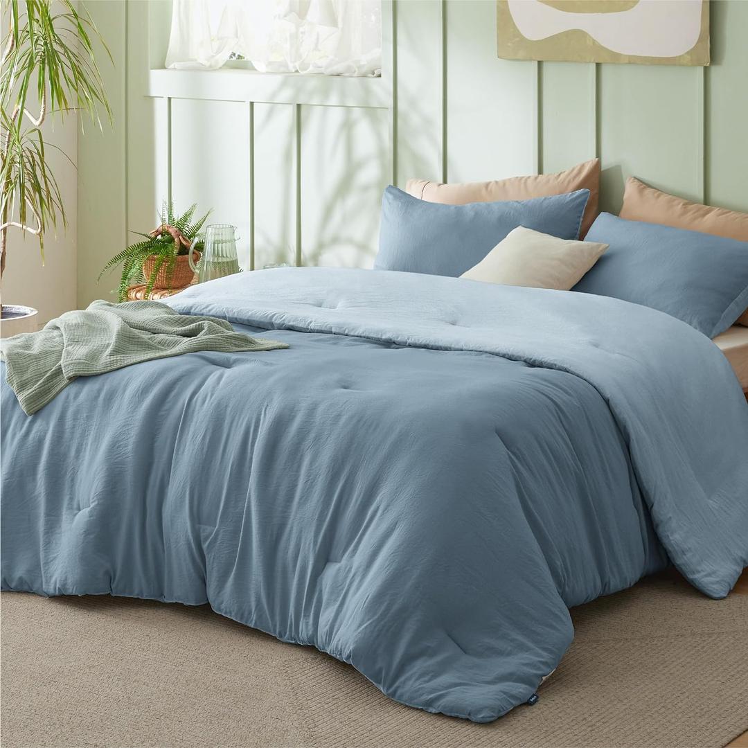 Bedsure Full Size Comforter Set, Reversible Blue Soft Prewashed Bedding for All Seasons, 3 Pieces Warm Down Alternative Bed Set, 1 Lightweight Comforter (82"x86") and 2 Pillowcases (20"x26")