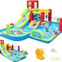 Inflatable Water Slides Park, Large Water Castle for Kids Fun Outdoor Jumping Inflatable Bouncers with Extra Large Pool and 2 Slides, 3 Types of Ball Games, Easy to Set Up with Air Blower