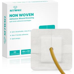 Split Drain Adhesive Bandages 4" x 4" Pre-Cut for Feeding Tubes, Dialysis Catheters & Drains - Soft Non-Stick Pad - Individually Wrapped 20 Pack Wound Dressing Pads