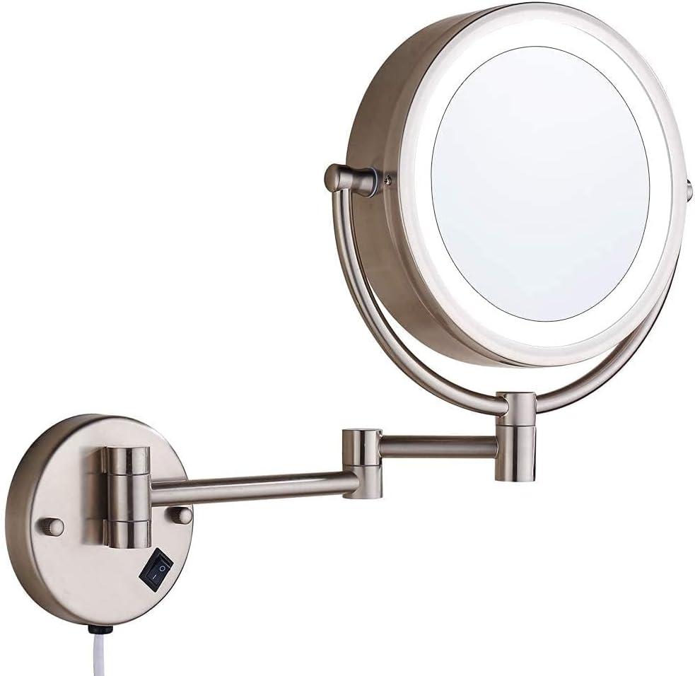 Wall Mount Makeup Mirror 9 Inches with LED Lighted 10x Magnification,has 3 Colors Lights Modes,13" Extension Arm Magnifying Vanity Mirror Electric Plug Powered, Brushed Nickel Finish (16"L x 11"W)