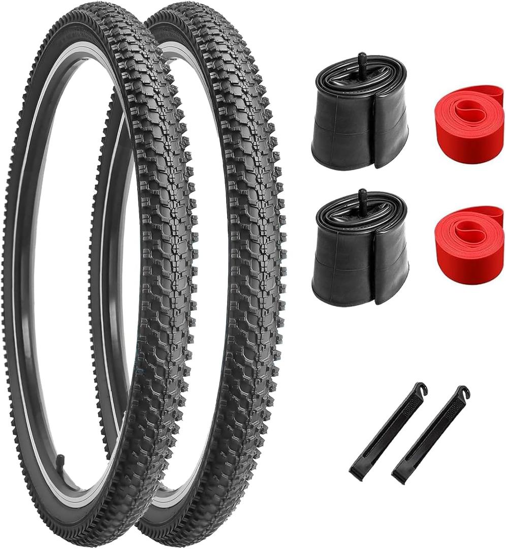 2-Pack 20/24/26 Inch Mountain Bike Tires, Off-Road Bicycle Replacement Folding MTB Tires Set, Schrader Valve Bike Tubes, Bicycle Tire Levers and Tire Liners (26x1.95-30TPI-Black)