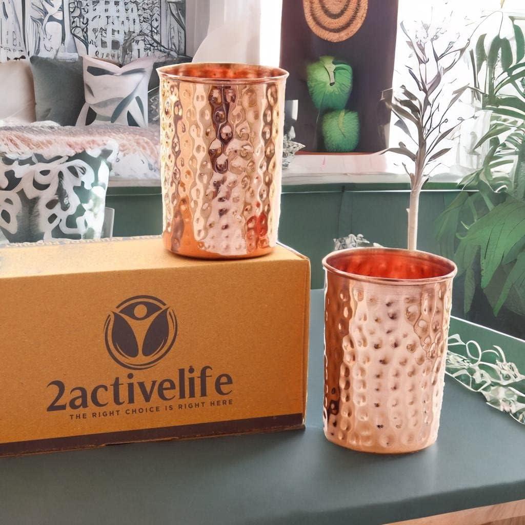 Hammered Design Pure Copper Tumbler Set of 2 | Drinking Water with Copper Cups | Premium Quality Copper Tumblers use for Home, Office, Hotel, Travel and Gifting - 11.8 US Fl Oz