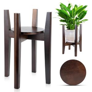Adjustable Plant Stand with Tray,Indoor Wood Plant Stand Fit 8'' to 12'' Planter,Mid Century Modern Flower Pot Holder Rack(Plant and Pot Not Included)