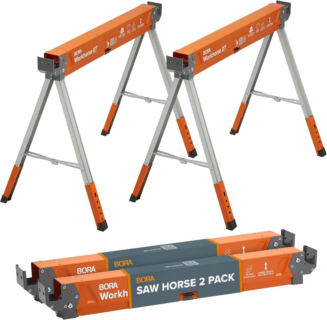 BORA Workhorse XT Adjustable Saw Horses 2 Pack Folding Heavy Duty Sawhorse with Adjustable Height Legs, 2700 lbs Capacity - Portable Workbench & Work Station with Built-in Bottle Opener PM-3360T