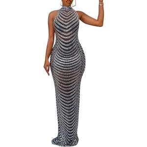 Nagfar Women Rhinestone Birthday Party Sleeveless Dresses Sexy Club Night Out Maxi Dress Clubwear(S5259,Black,3XL)