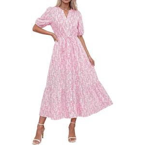 Okiwam Summer Dresses for Women 2026 Casual V Neck Short Sleeve Boho Floral Midi Dress Button Down Beach Vacation Sundress (XXL)