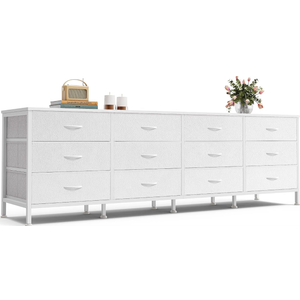 Huuger 70 Inch Dresser for Bedroom, TV Stand for 65, 75, 80 Inch TV, 12 Fabric Drawer Long Dresser, Large Storage Organizer Unit, Wide Chest of Drawer with Storage, for Living Room, White