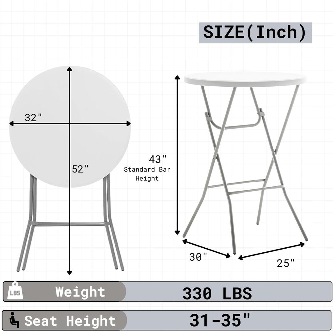 BTEXPERT Set of 1, White 2.63' Round Bar Height Folding Table 330lb Weight Capacity Commercial Indoor Outdoor Portable Banquet Patio Backyard Dining Wedding Party Events Home Thick Top Metal Frame