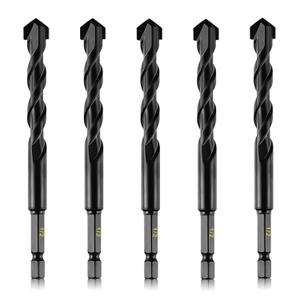5-Piece 1/2 Masonry Drill Bits for Concrete Tiles Stone, 1/2 Inch Carbide Drill Bit Set for Glass Ceramic Brick Soft Metal Plastic and Wood, Hex Shank Drill Bit Set Diameter 12mm, Black