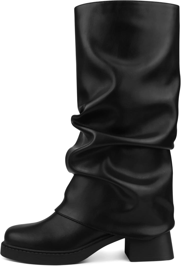 Women's Fold Over Boots Slouchy Wide Mid Calf Boots Low Block Heel Tall Boots Square Toe Moto Biker Booties Stacked Pleated Dress Boots Black US 9.5