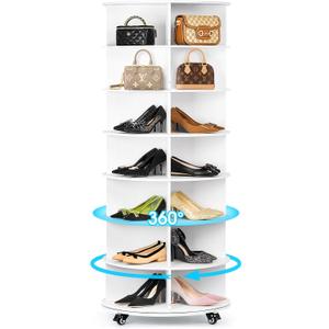 7 Tier 360 Rotating Shoe Rack Tower, Spinning Shoe Display Lazy Susan, Revolving Shoe Rack Storage Round Carousel, Vertical Handbag Rotate Shoes Closet Organization White