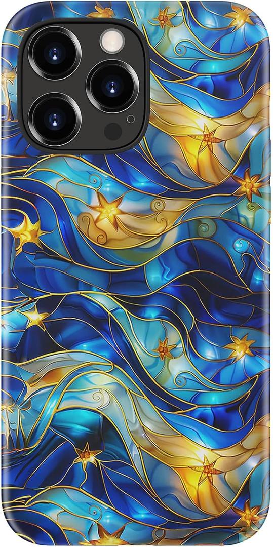 for iPhone 15 Pro Max Case - Wireless Charging Compatible - Dual-Layer Hard Shell + Silicone Cover - Shockproof Protective Phone Case with Stylish Designs for Women - Abstract Bule Gold Water