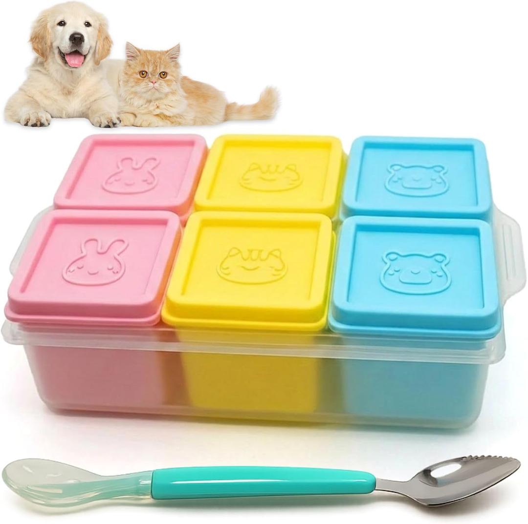 2ME Cat and Dog Food Storage Containers with Lids, 6-Pack 100% Silicone 4oz Each, with Dual-Ended Scoop  Keeps Wet Can Food Fresh, Odor-Resistant,Freezer, Microwave & Dishwasher Safe