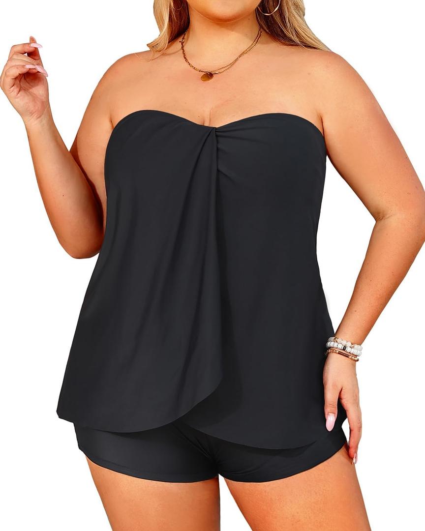 Daci Plus Size Bandeau Tankini Swimsuit for Women 2 Piece Halter Swim Top with Shorts Tummy Control Bathing Suits (Black) 16 Plus 