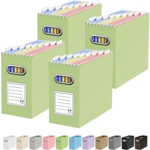 Oterri File Organizer Box, Portable Collapsible Cardboard File Folder Organizer with Handle for Letter Size Hanging Files, Document Storage Box for Home Office & Classroom (4 Packs, Green)