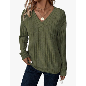 Womens Casual V-Neck Drop Shoulder Long Sleeve Ribbed Casual Pullover Pullover Tops 2XL