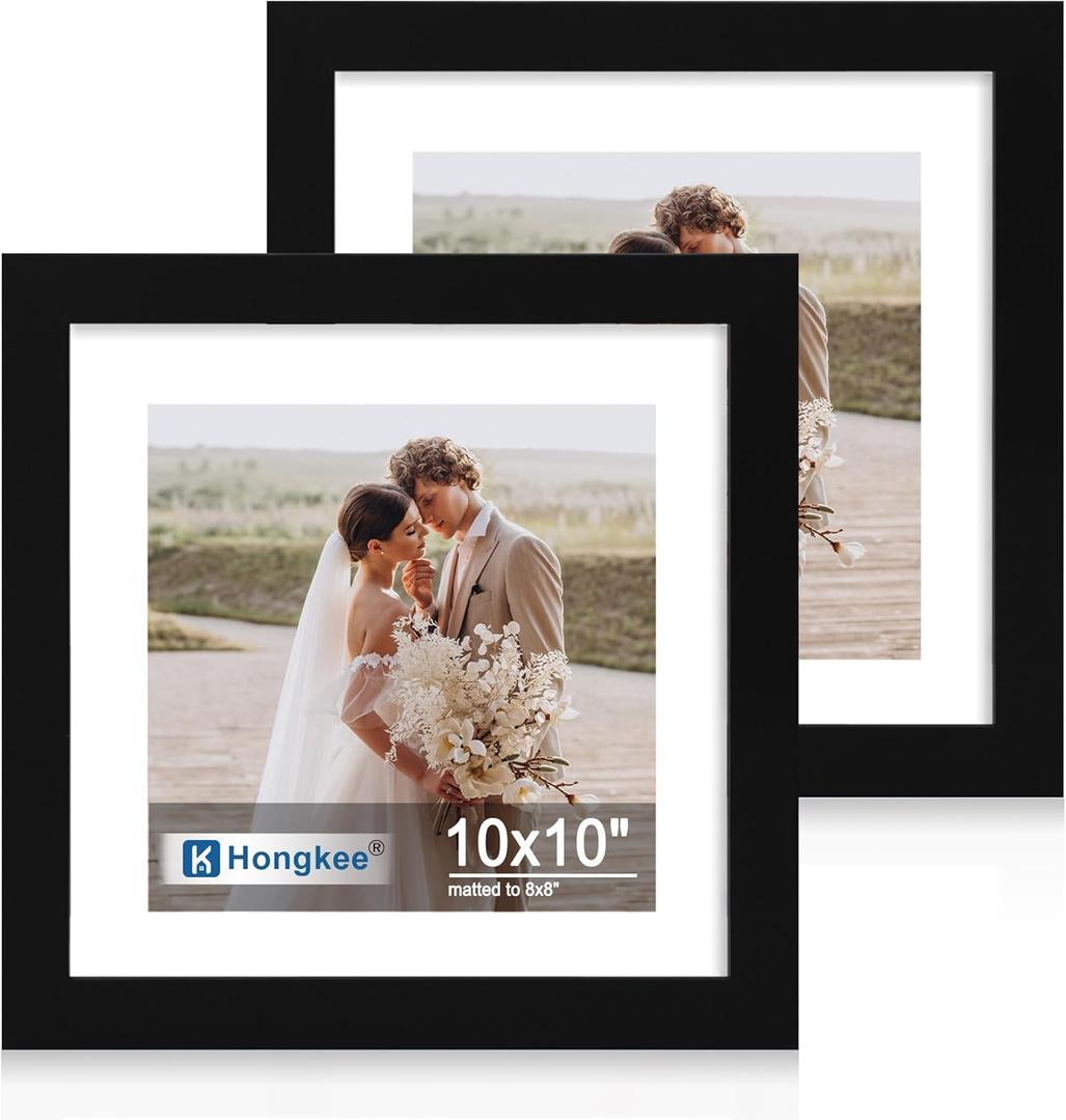 Hongkee 10x10 Picture Frame Set of 2, Made of Real Glass and Black Wooden Frame - Display Square 8x8 with Mat or 10x10 Without Mat, 10 by 10 Photo for Wall or Tabletop