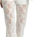 QJQ Women's Floral Lace Sheer Mesh Flare Pants Elastic High Waisted Bell Bottom Sexy See Through Trousers (White, M)