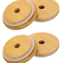 uxcell 8pcs Bamboo Jar Lids with Straw Hole, 87mm Wide Mouth Wooden Mason Jar Lids for Glass Cups, Canning Lids with Airtight Silicone Ring for Drinking Jars, Brown