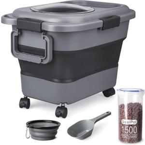Dog Food Storage Container, 10-20 lbs Airtight Collapsible Cat Food Storage Container with Attachable Wheels, Portable Handle, Dog Food Scoop for Dog Cat Bird Pet Dry Food Storage Bin Dark Grey (Medium)