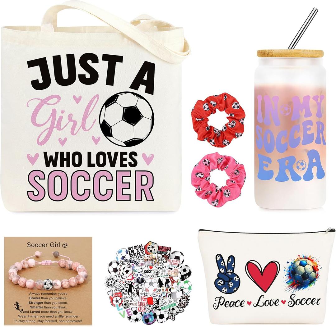 JoycuFF Soccer Gifts for Girls Soccer Stuff Accessories Gifts Sport Lovers Gift Include Glass Cup, Makeup Bag, Canvas Bag, Bracelet, Hair Scrunchies, Stickers for Team Player Birthday Gifts for Women