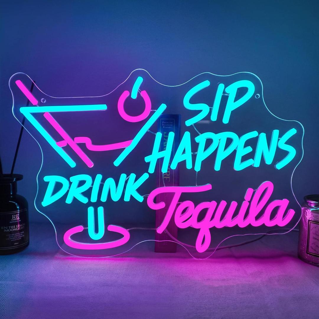 Tequila Neon Sign Led Pink Neon Signs Letter Neon Lights Neon Bar Signs for Wall Decor USB Light Up Sign Neon for Gift Bar Bedroom Restaurant Man Cave Cafe Bistro Club Halloween Party