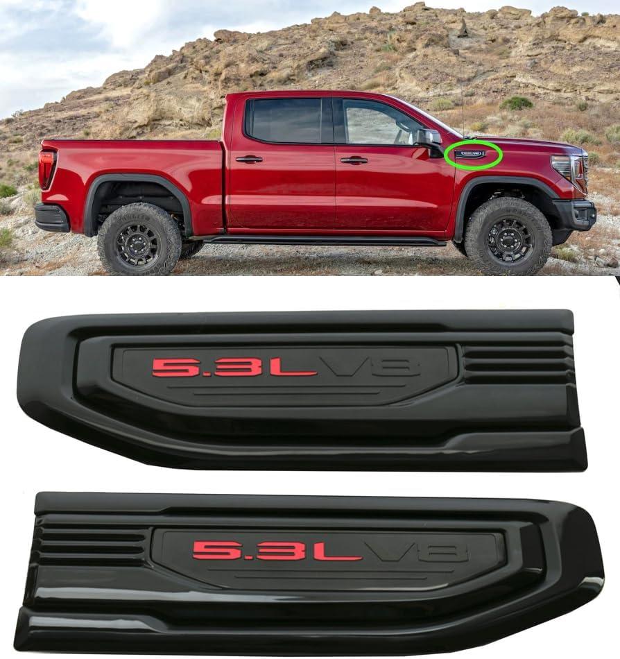 Pair New 5.3L V8 Vent Decal Emblems Kit 3D Driver Passenger Side Badge Compatible with 2019-2024 GMC Sierra GM 85160715 86532094 (Black Red)