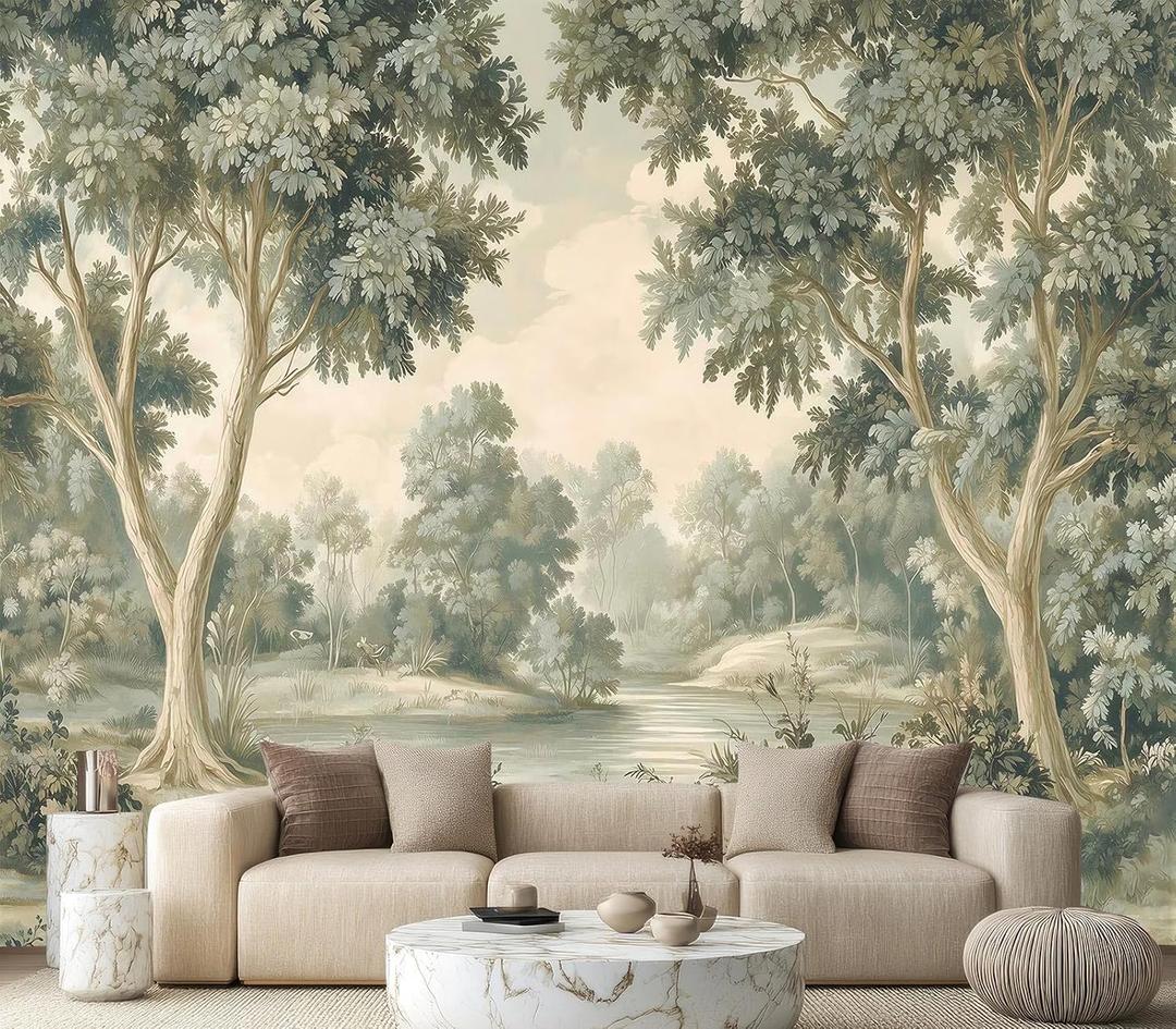 Serene Watercolor Forest River Landscape Wallpaper Peel and Stick, 157" x 110"