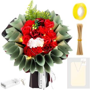 Suncalla Money Flower Bouquet Kit DIY Artificial Soap Rose Gifts with LED Light Kit, Fake Floral Rose Bouquet with Gift Bag Set for Anniversary Wedding(Red)