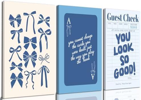 Blue Preppy Wall Art Framed Set of 3 Trendy Navy Bow Posters Retro Guest Check Canvas Prints Poker Painting Minimalist Positive Quote Picture Room Decor Aesthetic for Living Room Dorm Apartment, 16x24in Blue Preppy Wall Art Framed Set of 3 Trendy Navy Bow Posters Retro Guest Check Canvas Prints Poker Painting Minimalist Positive Quote Picture Room Decor Aesthetic for Living Room Dorm Apartment, 16x24in