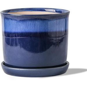 8 Inch Plant Pot: Ceramic Planter with Drainage Hole & Saucer for Indoor Outdoor Plants - Flowerpot with Bonded Tray for Home Office - Blue Reactive Glaze