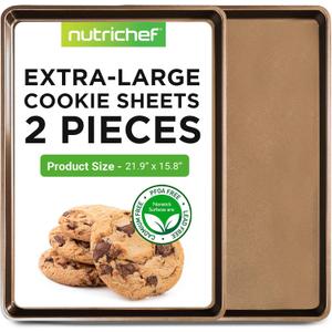 NutriChef 2-Piece Nonstick XL Cookie Sheets for Baking - 22" x 16" Stackable Extra Large Baking Sheet - Carbon Steel Baking Pans, PFOA, PFOS, PTFE Free- NCLGBP28 (Gold)