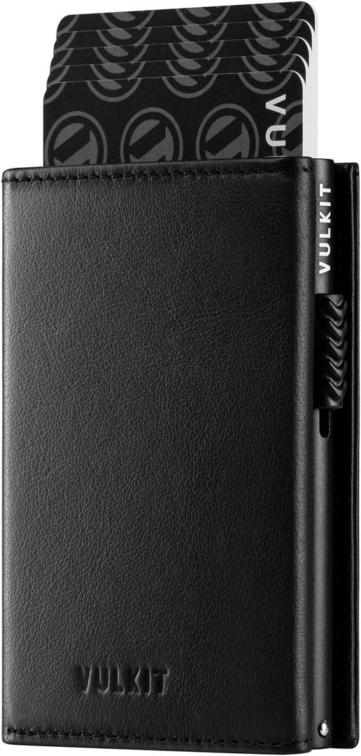 VULKIT Card Holder Wallet with Coin Pocket Magnetic Closure Pop Up Cards With ID Window Leather Wallet for Cash & Credit Cards | with Coin Pocket, Magnetic Closure, Pop Up Cards, With ID Window (Top Grain Cowhide - Black)