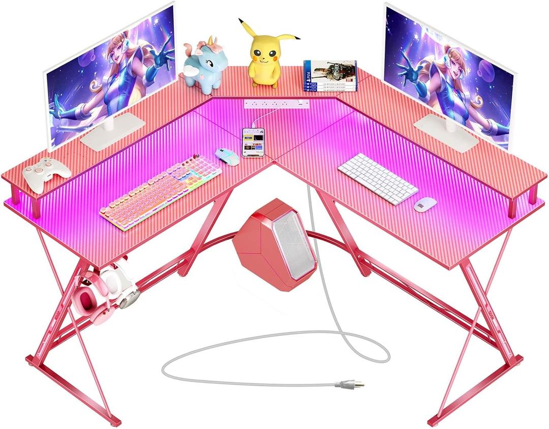 SEVEN WARRIOR Gaming Desk 50.4 with LED Light & Power Outlets, L-Shaped Gaming Desk Carbon Fiber Surface with Monitor Stand, Ergonomic Gamer Table with Headphone Hook, Pink