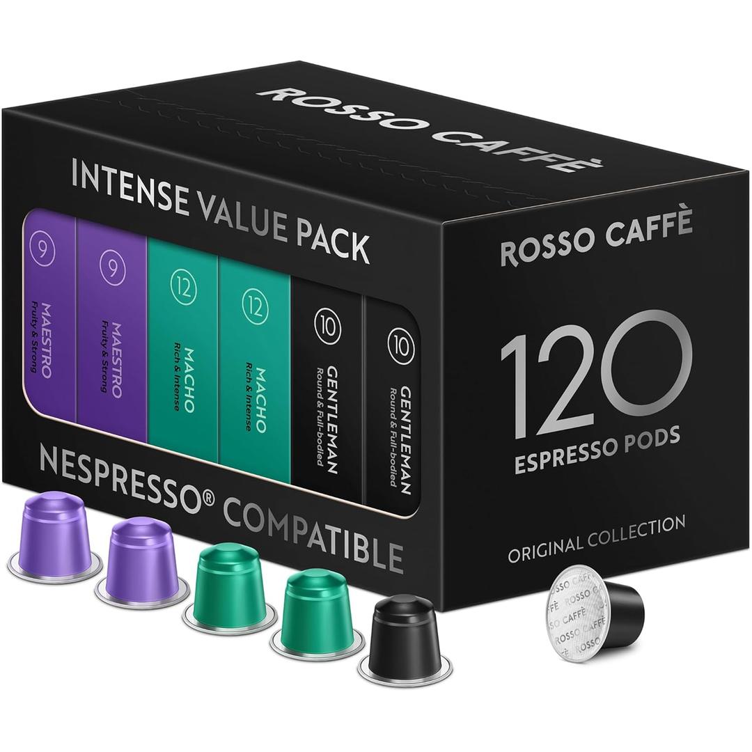 ROSSO CAFFÈ 120 Espresso Coffee Pods for Nespresso Original Machines - Value Intense Pack of Rich and Bold Capsules, 3 Premium Dark Roasts Flavors (Intensity 9-12) (EXP 01/31/28)