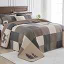 128"x120" Oversized Bedspread - 100% Cotton, Bear Deer Prints California King Extra Large Quilt, Cal King Farmhouse Cottage Plaid XL Bed Spread Lightweight Comforter, 3pcs, Brown/Green