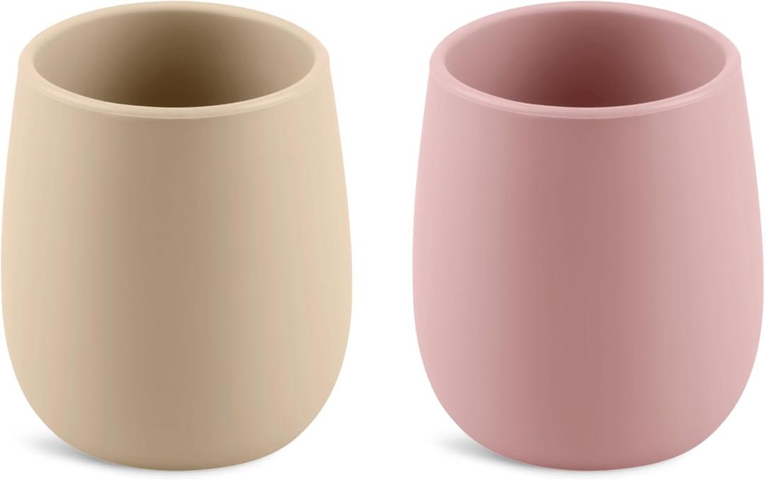 Silicone Tiny Cup, 2 Pack Tiny Cups for 6 months+, Open Cup for Baby Essentials 2.5oz (Sand/Blush)