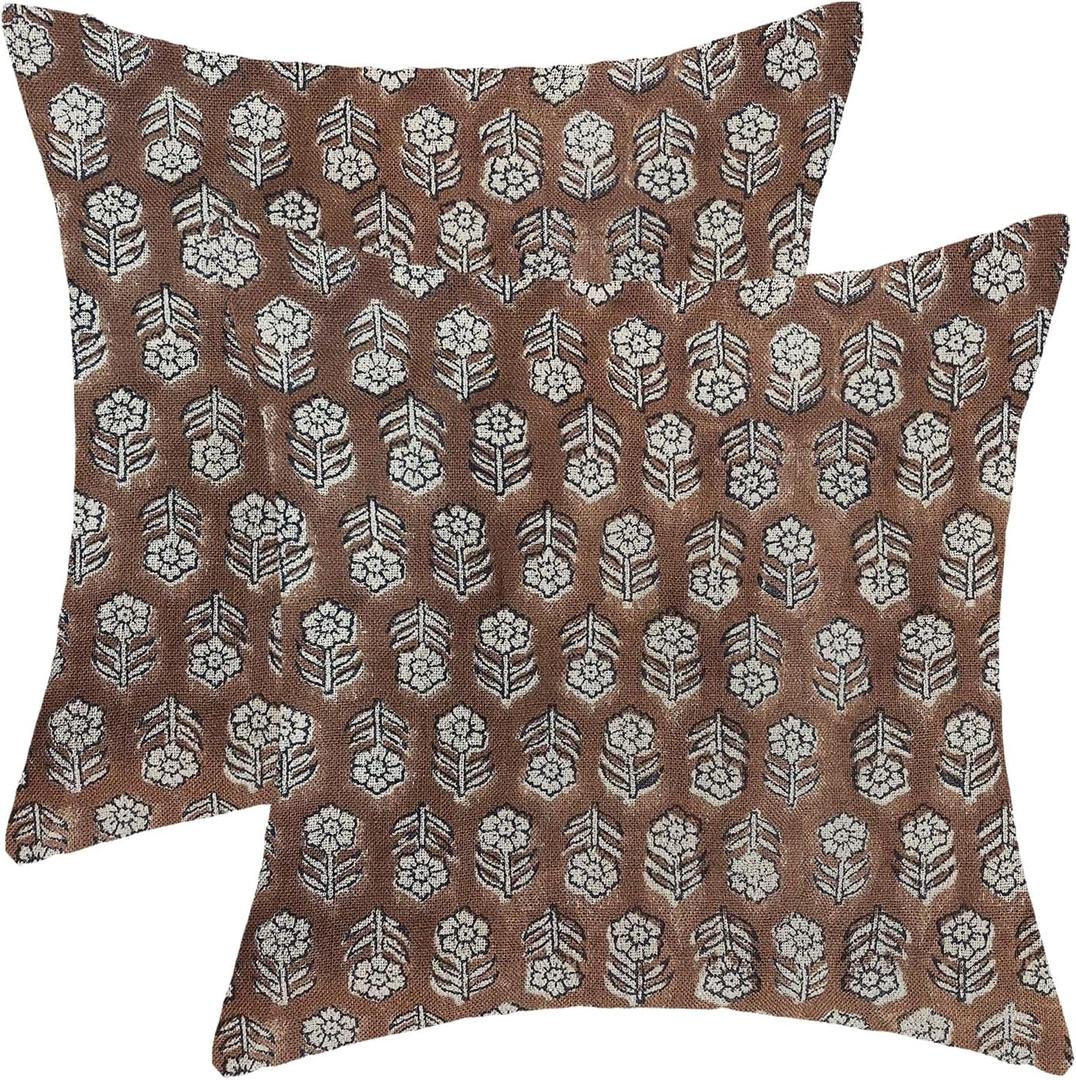 AEIOAE Brown Pillow Covers 20x20 Inch Set of 2, Boho Spring Vintage Floral Throw Pillows Case, Flower Rustic Seasonal Summer Outdoor Decorative Farmhouse Decor Cushion Covers for Home Sofa Bed Couch