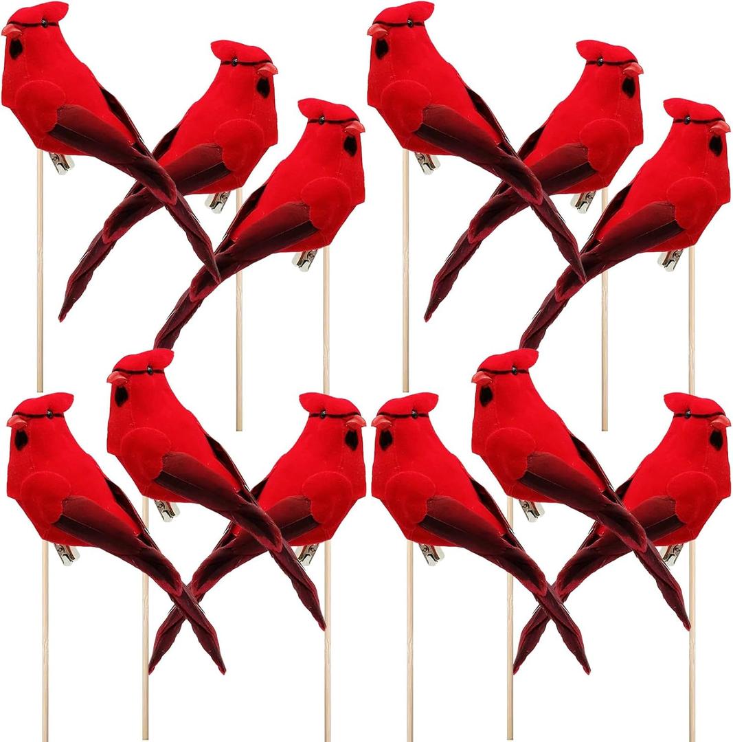 12pcs Red Cardinals Birds Floral Picks Fabric Feather Artificial Bird Ornaments for Flower Arrangement Wreath Crafts Christmas Tree Decoration