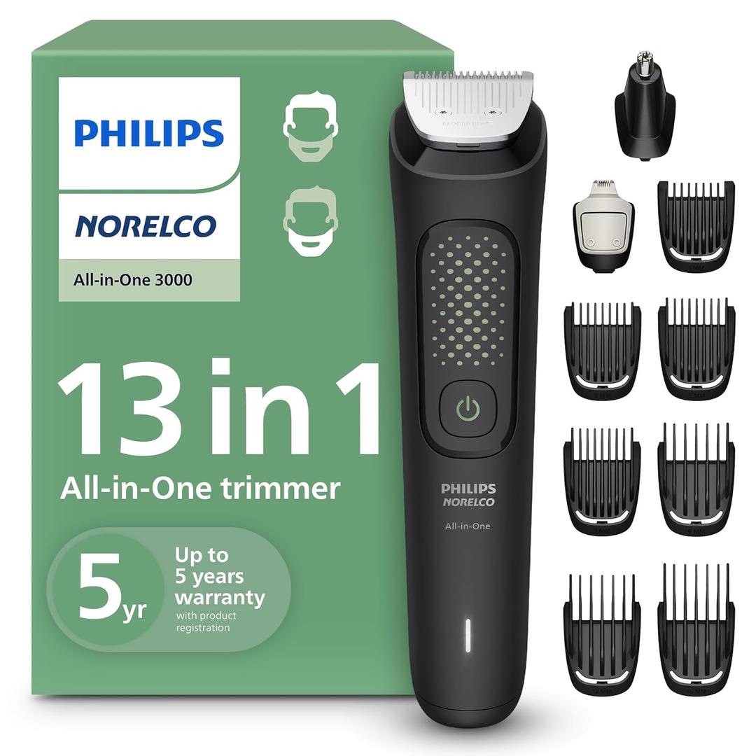 Norelco Philips All-in-One 3000 Series 13 in 1 Trimmer for Men, Beard Trimmer & Head Hair Clipper, Full Metal Self-Sharpening Blades & 8 Length Settings, MG3939/50 (Black)