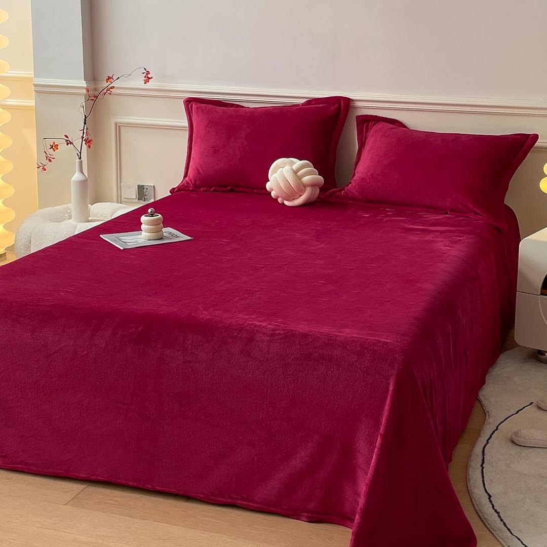 MorroMorn Fleece Sheets Queen Size Ultra Soft, Fuzzy Plush Flannel Sheet Set 4 Piece - All Season Bedding Set with Flat, Deep Pocket Fitted & 2 Pillowcases, Luxury Velvet Warm Cozy (Red)