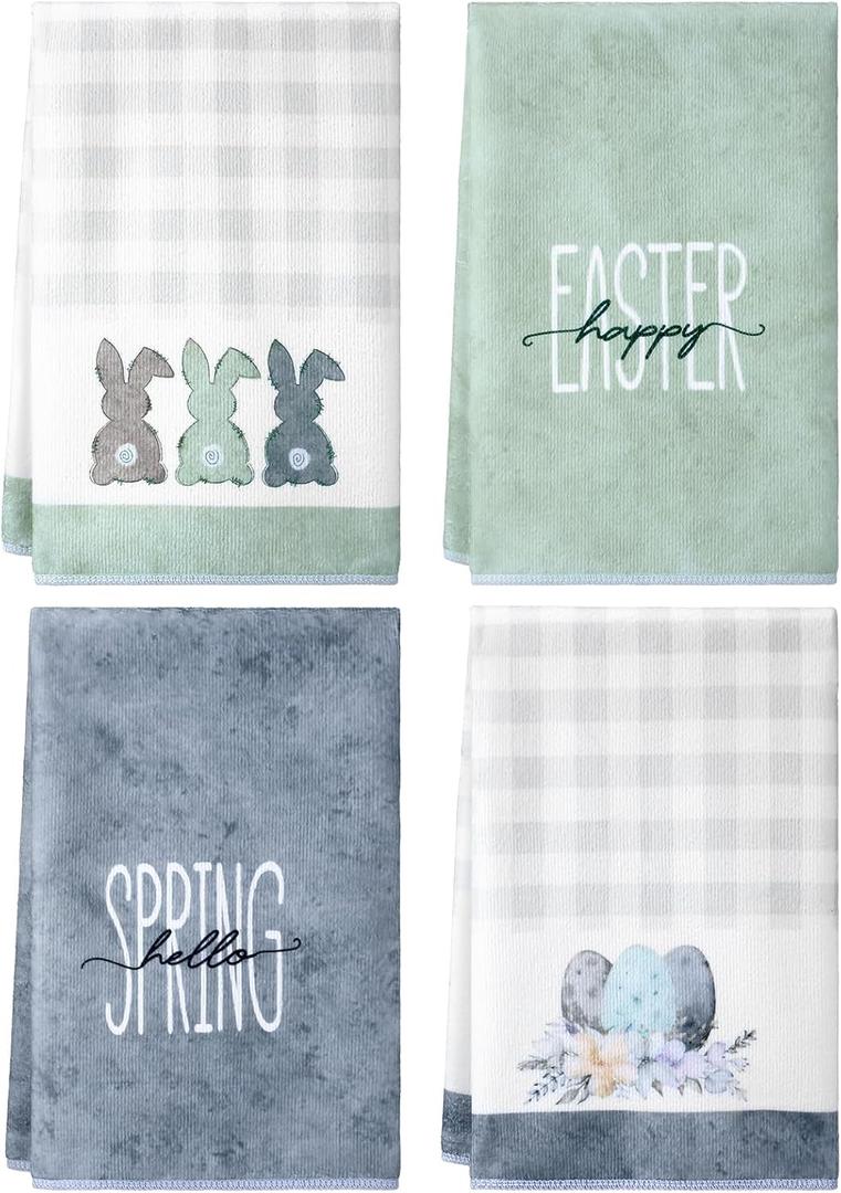 Macarrie 4 Pcs Watercolor Easter Kitchen Towels,Easter Egg Bunny Rabbit Dish Towel,17x26 Inch Bathroom Hand Towel,Absorbent Rustic Spring Tea Towel for Kitchen Bath Decor(Blue and Green,Plaid)