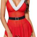 Avidlove Lingerie for Women Christmas Babydoll Lingeries Mesh Santa Belts Outfit Hooded V Neck Chemise Set Sexy Sleepwear (Small, Red)