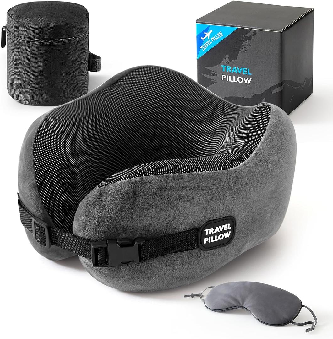 Neck Pillow Travel Pillow - 100% Pure Memory Foam Airplane Pillow with Adjustable Clasp & Removable Cover, Portable Travel Essentials for Long Flights, Car & Office (Dark Gray, with Eye Mask)