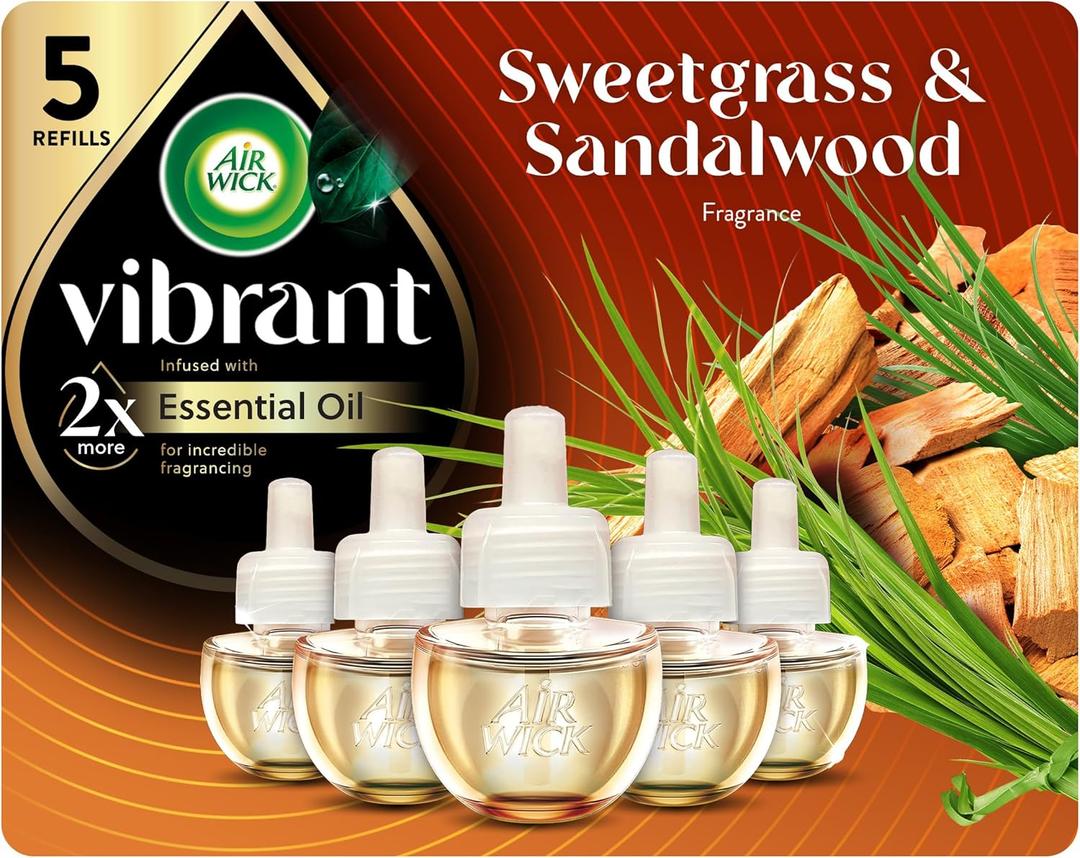 Air Wick Plug In Scented Oil Refills, Sweetgrass + Sandalwood, Air Fresheners for Home Long Lasting, Room Fresheners,Air Freshener Plug In, Essential Oils, Home Essentials for Small&Large Spaces,5 ct
