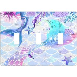Mermaid Girl Light Switch Cover Plates Decorative 3 Gang Triple Toggle Wall Plate Electrical Switchpalte Faceplate for Kid Bedroom Home Bathroom Decor 6.4" x 4.5" (Mermaid Scales Ocean)