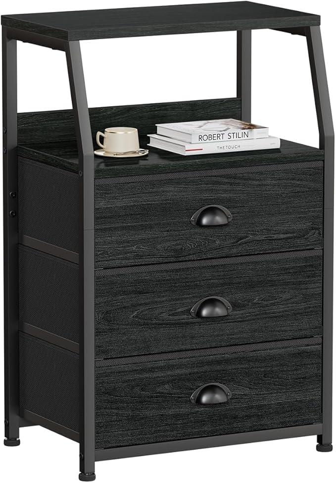 Furnulem Black Night Stand, Small Dresser for Bedroom, Nightstand with 3 Fabric Storage Drawers and 2Tier Shelf, End Table Side Furniture for Closet, Hallway, Nursery, Sturdy Steel Frame, Wood Top
