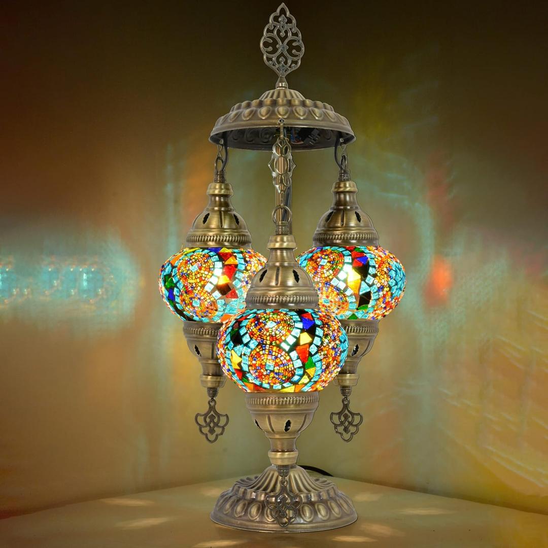 mozaist 3 Globe Turkish Mosaic Table Lamp, Stained Glass Tiffany Style Moroccan Desk Light, Handmade Vintage Antique Entryway Decorative Colorful Lighting with US Plug & E12 Socket (Multi-Colored)