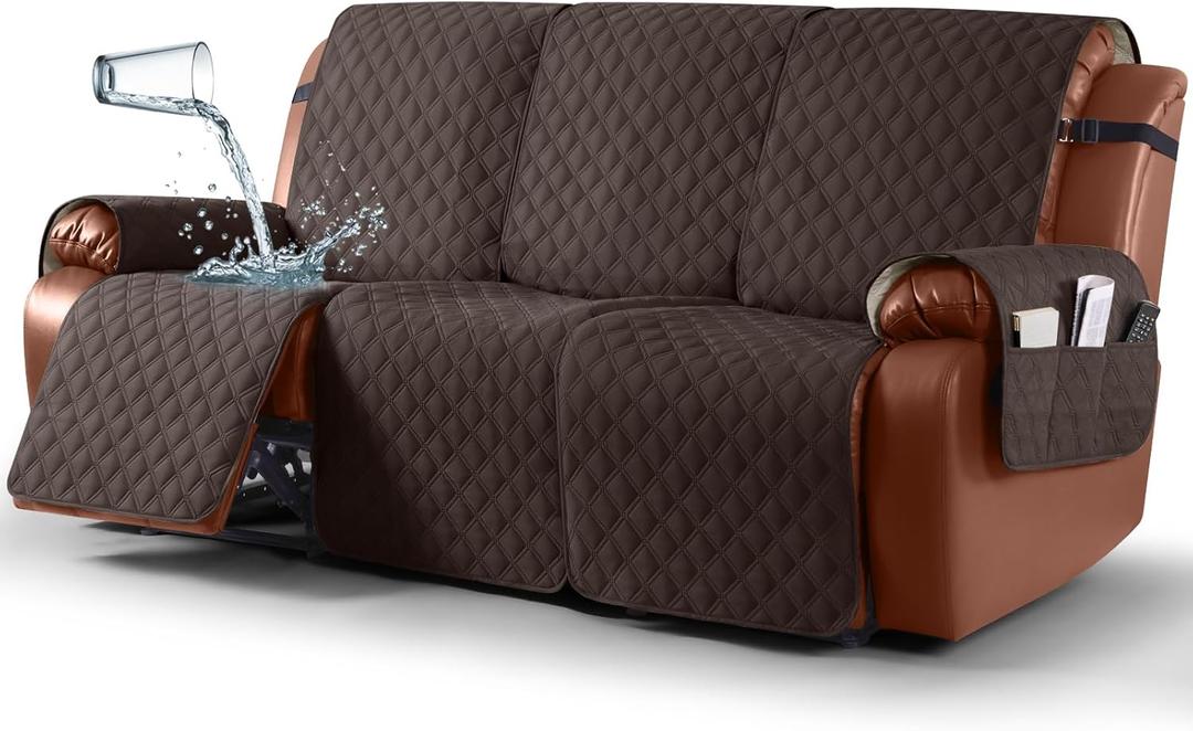 Ruaozz Waterproof Recliner Sofa Covers, Couch Covers for Reclining Couches 1-Piece Reclining Couch Cover Washable Furniture Protector with Elastic Straps Pocket for Kids Pets (Chocolate, 3 Seater)