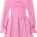 EXARUS Girls Long Sleeve Dress Tween Square/Sweetheart Neck Mini Ruched Short Formal Graduation Party Dance Dresses (Pink)